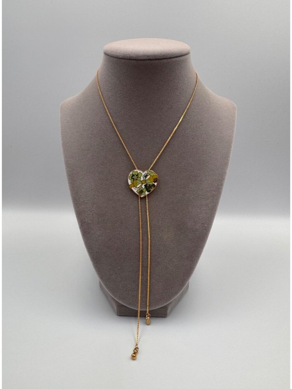 Vintage Style Floral Enamel Heart Bolo Slider Necklace Gold Tone 24”